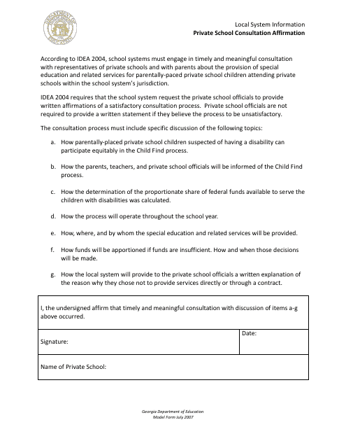 Local System Information - Private School Consultation Affirmation Form - Georgia (United States) Download Pdf
