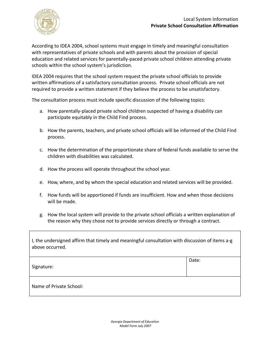 Local System Information - Private School Consultation Affirmation Form - Georgia (United States), Page 1