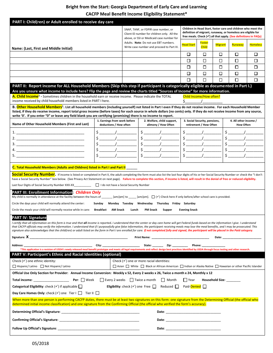 CACFP Meal Benefit Income Eligibility Statement Form - Georgia (United States), Page 1
