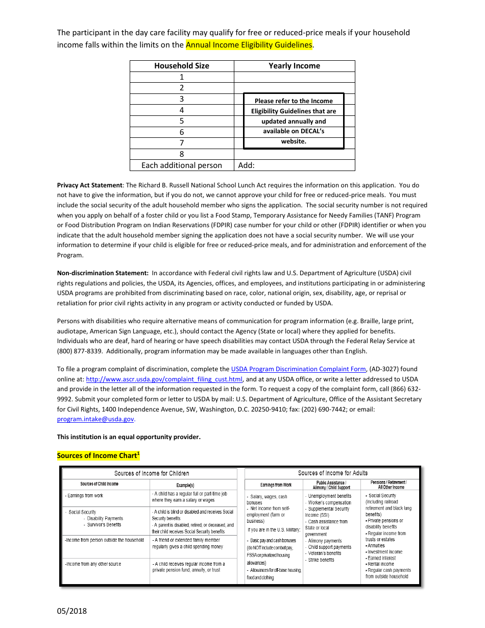 CACFP Meal Benefit Income Eligibility Statement Form - Georgia (United States), Page 2