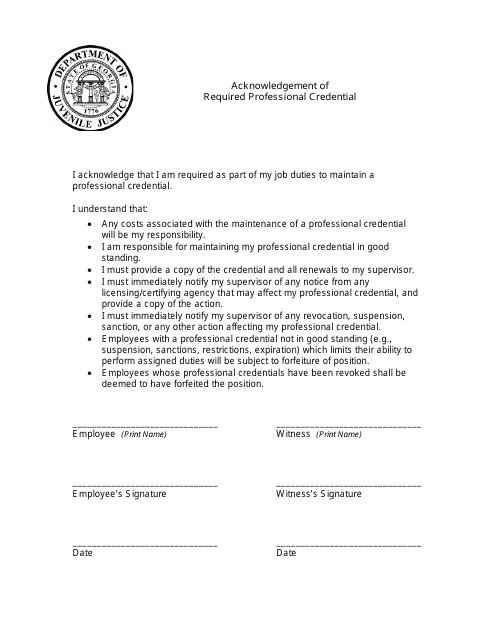 &quot;Form for Acknowledgement of Required Professional Credential&quot; - Georgia (United States) Download Pdf