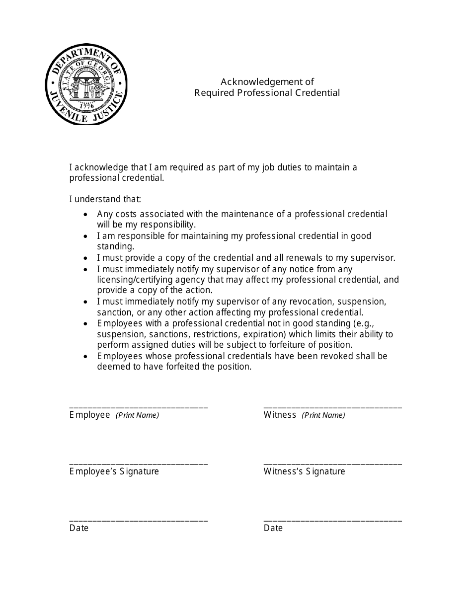 Form for Acknowledgement of Required Professional Credential - Georgia (United States), Page 1