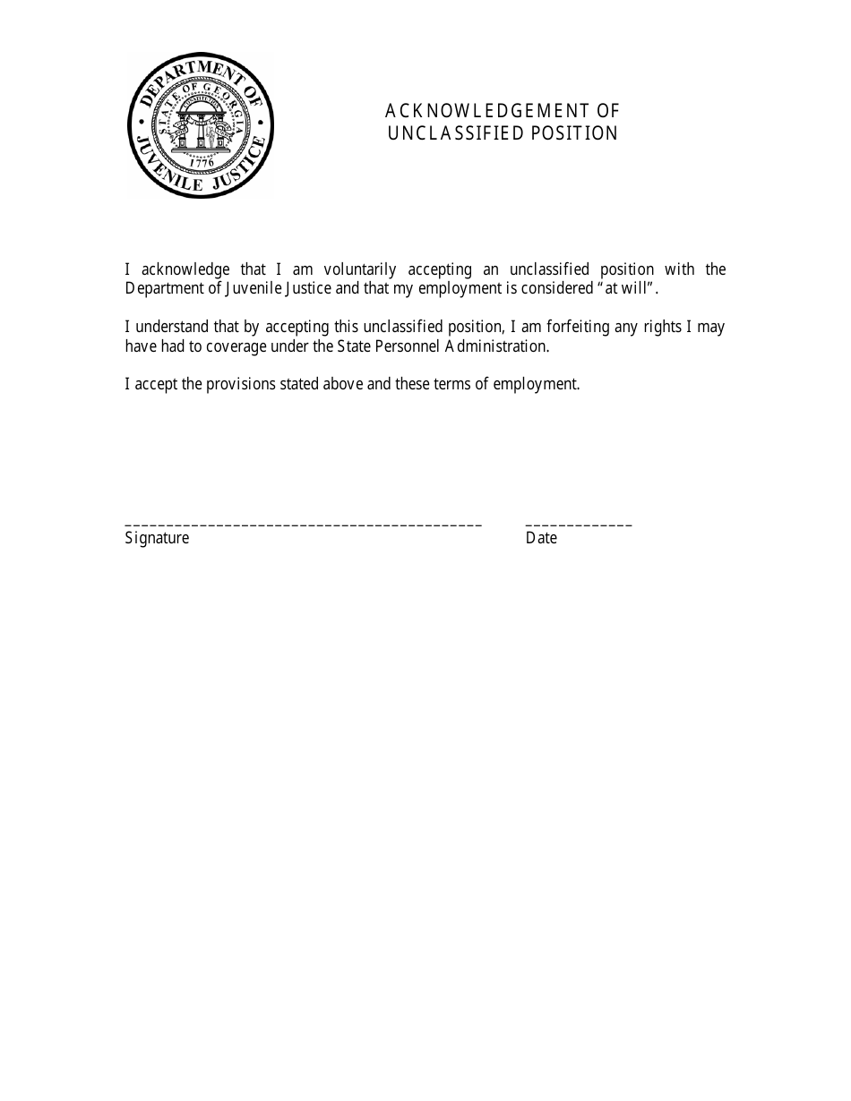 Attachment A Acknowledgement of Unclassified Position - Georgia (United States), Page 1