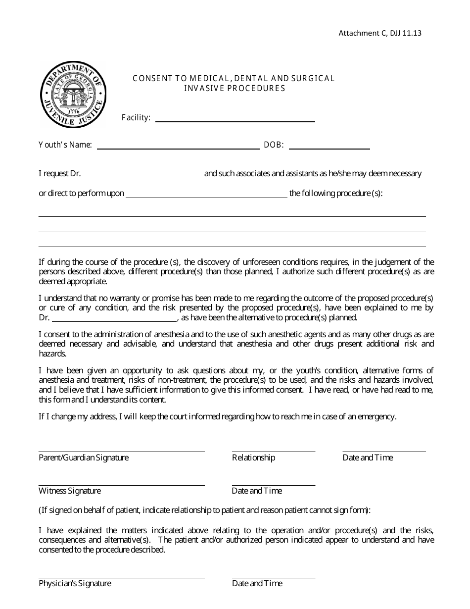 Attachment C Consent to Medical, Dental and Surgical Invasive Procedures - Georgia (United States), Page 1