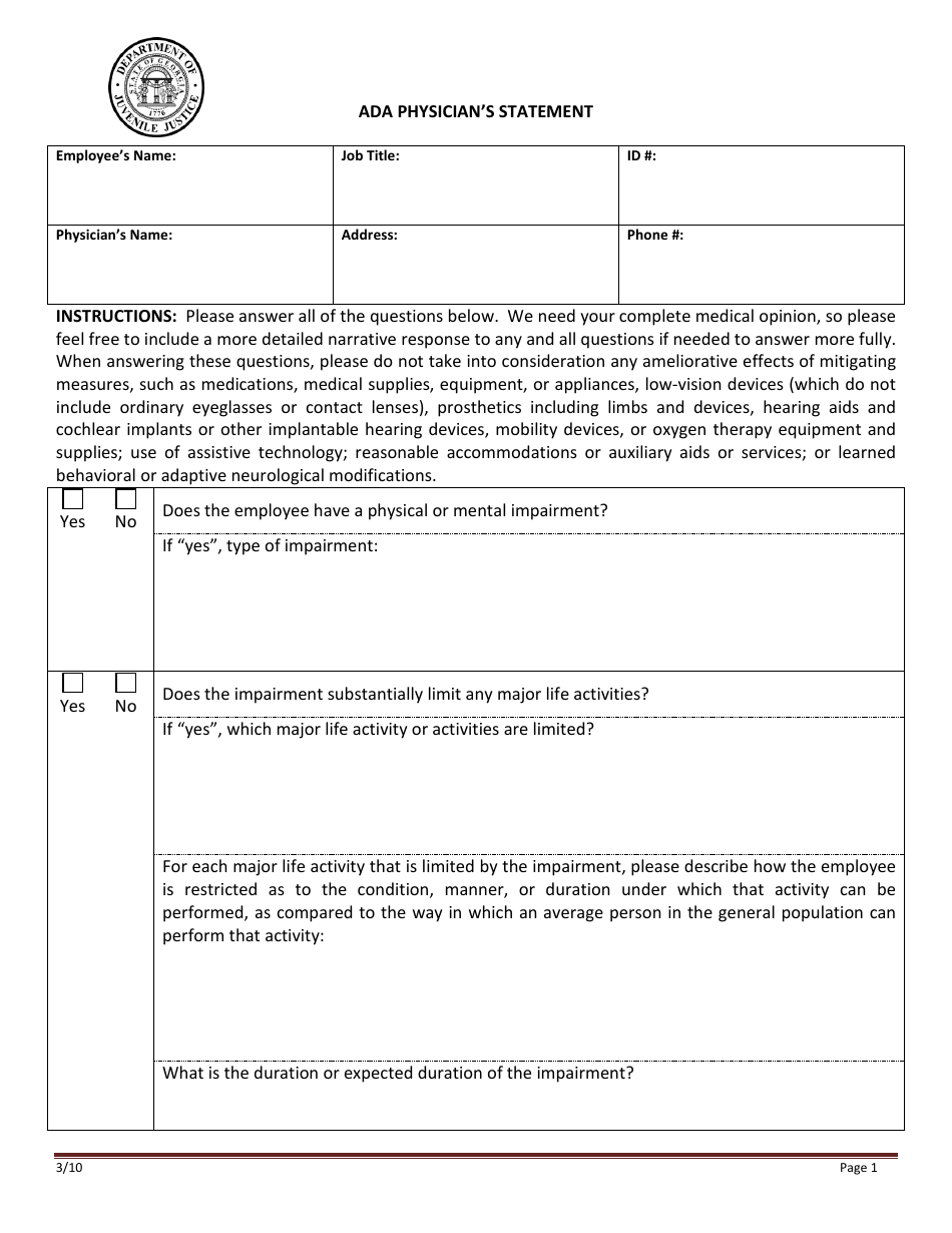 Ada Physicians Statement Form - Georgia (United States), Page 1