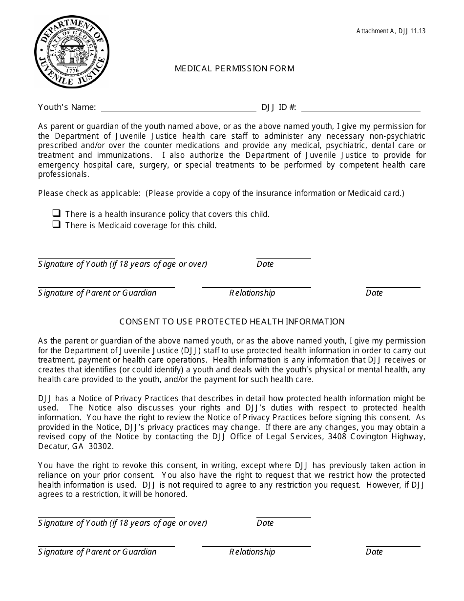 Attachment A Medical Permission Form - Georgia (United States), Page 1