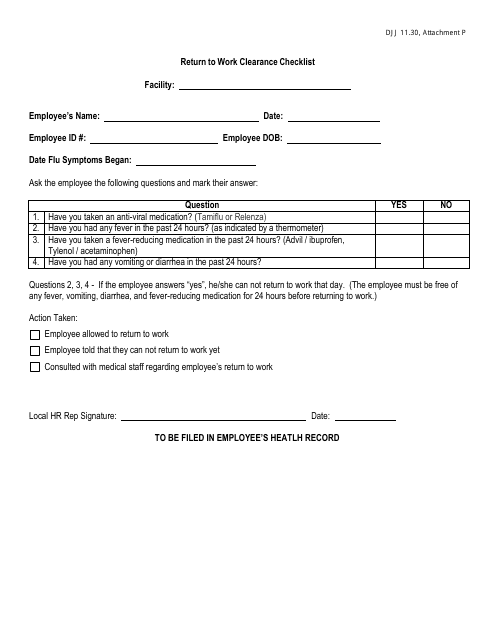 Attachment P Return to Work Clearance Checklist - Georgia (United States)
