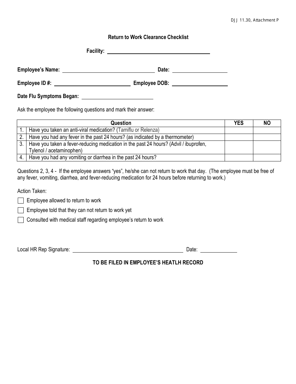 Attachment P Return to Work Clearance Checklist - Georgia (United States), Page 1