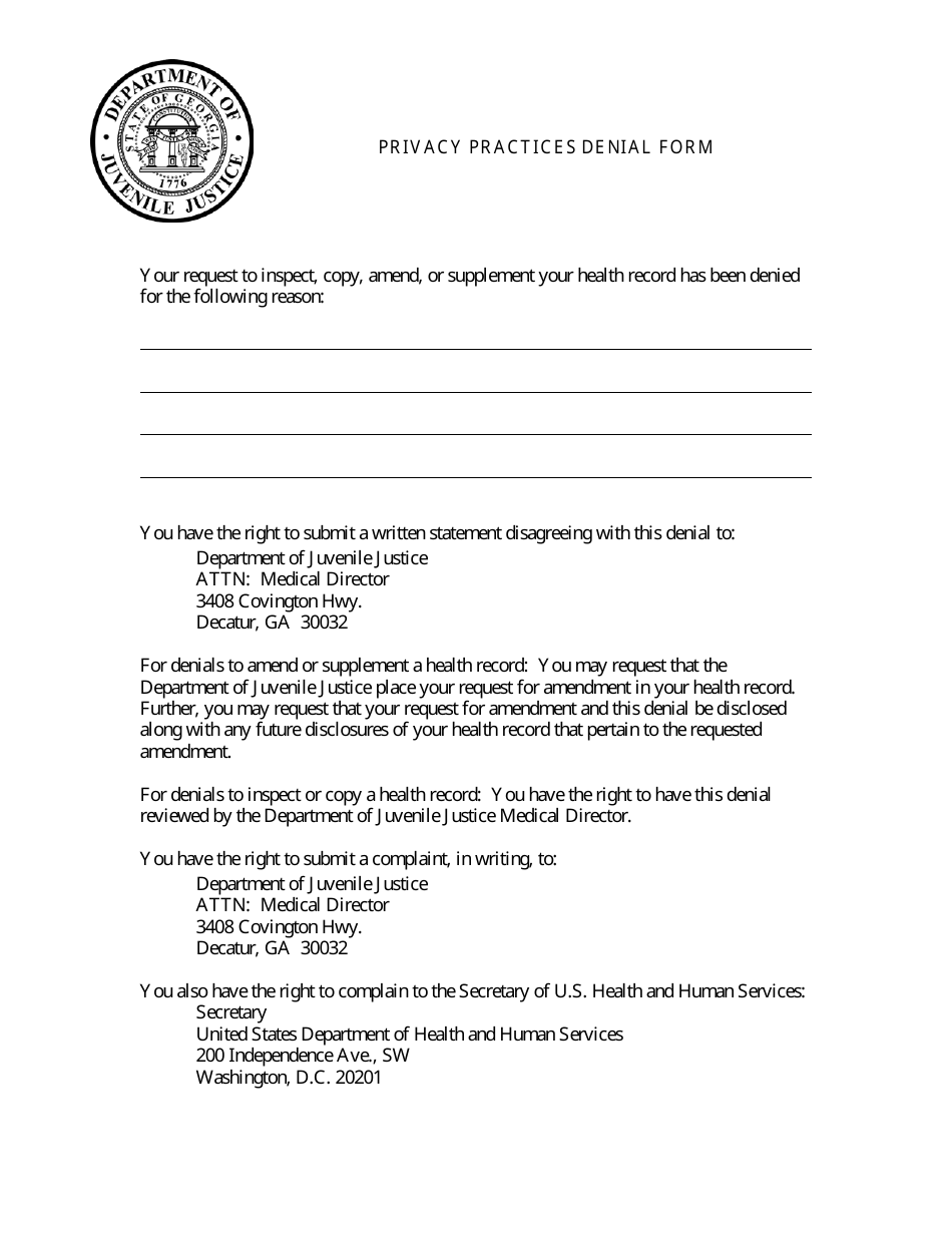 Privacy Practices Denial Form - Georgia (United States), Page 1