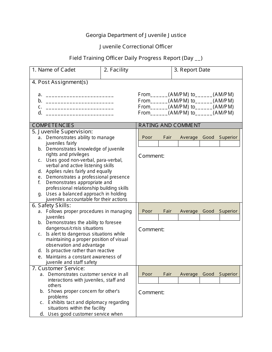 Georgia (United States) Field Training Officer Daily Progress Report