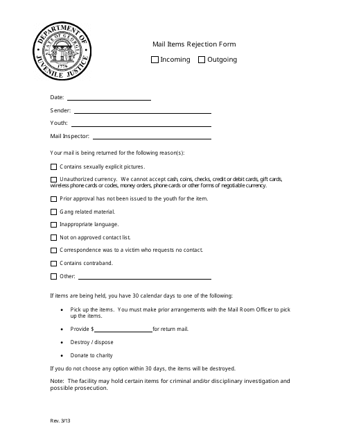 Mail Items Rejection Form - Georgia (United States) Download Pdf
