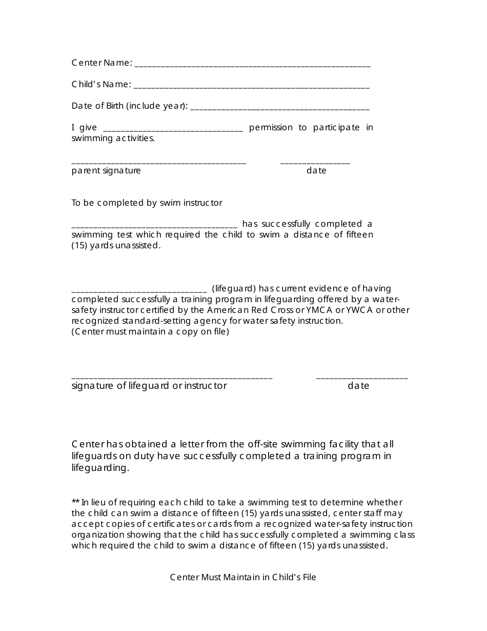 Permission Form to Participate in Swimming Activities - Georgia (United States), Page 1