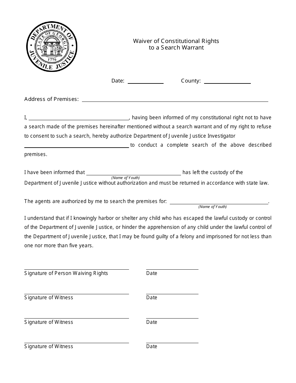 Attachment A Waiver of Constitutional Rights to a Search Warrant - Georgia (United States), Page 1