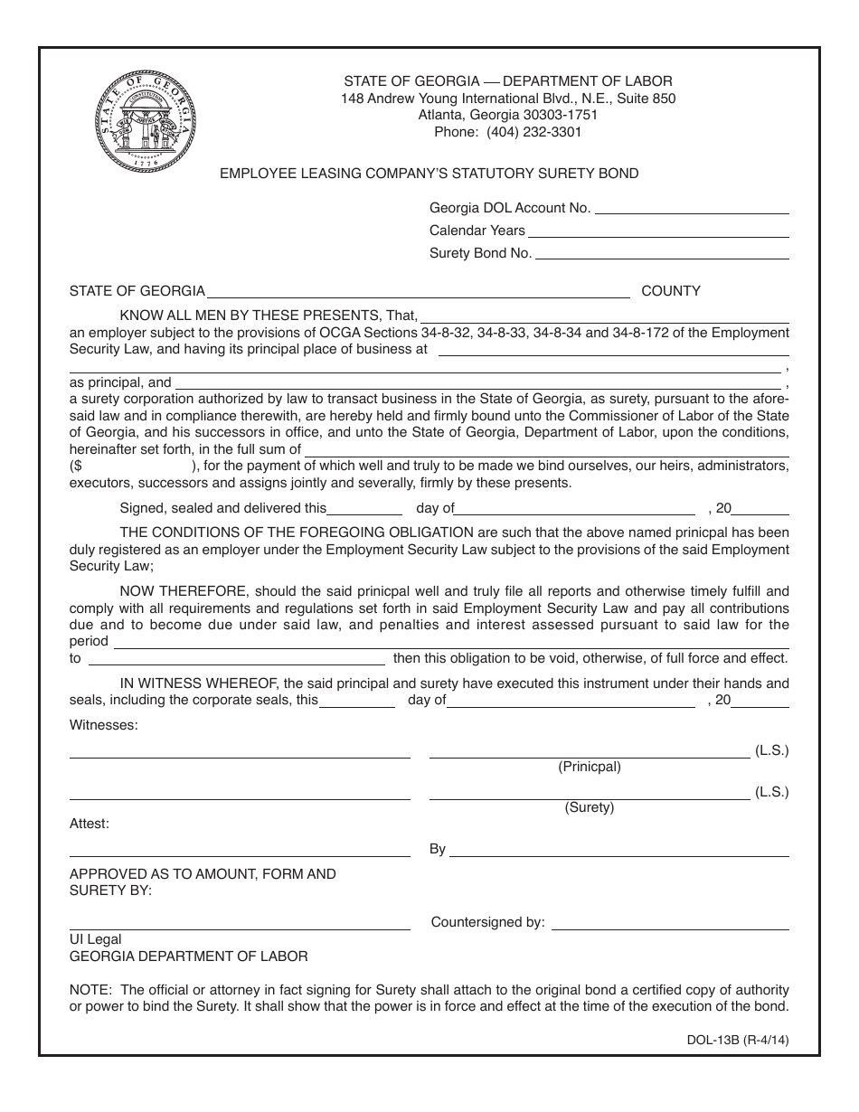 Form DOL-13B Employee Leasing Companys Statutory Surety Bond - Georgia (United States), Page 1