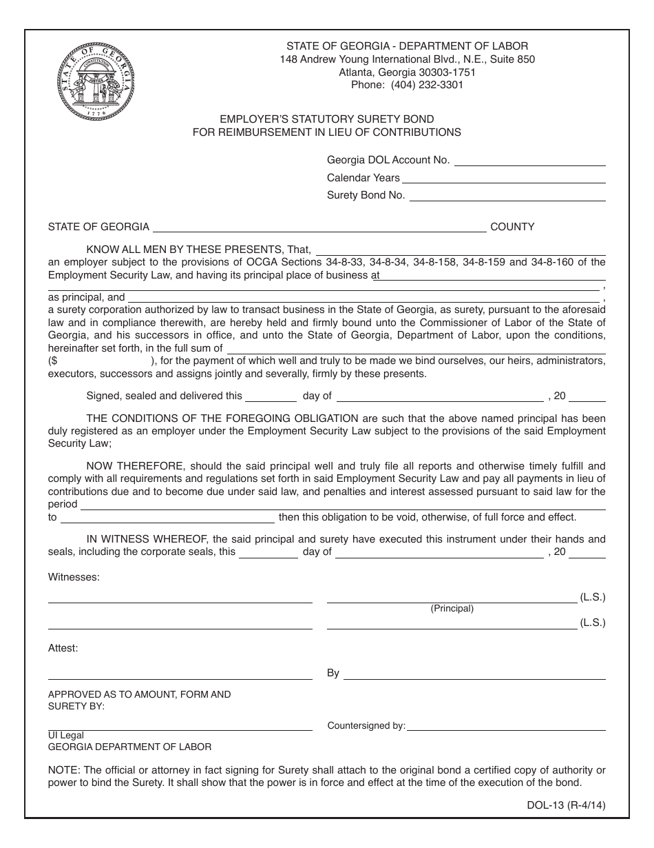 Form DOL-13 Employers Statutory Surety Bond for Reimbursement in Lieu of Contributions - Georgia (United States), Page 1