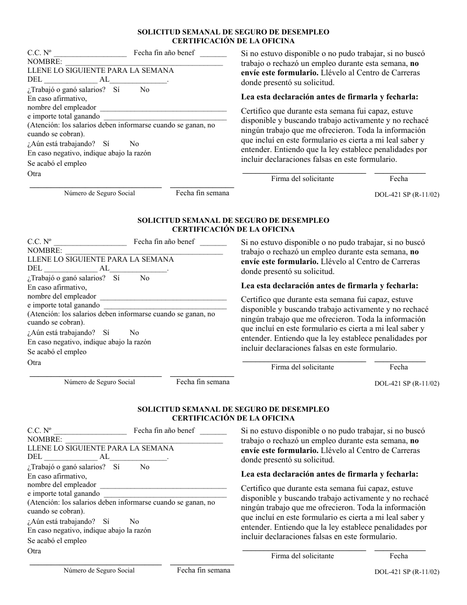 Formulario DOL-421 SP Solicitud Semanal De Seguro De Desempleo Certificacion De La Oficina - Georgia (United States) (Spanish), Page 1