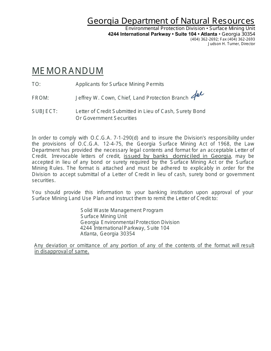 Surface Mining Irrevocable Letter of Credit - Georgia (United States), Page 1