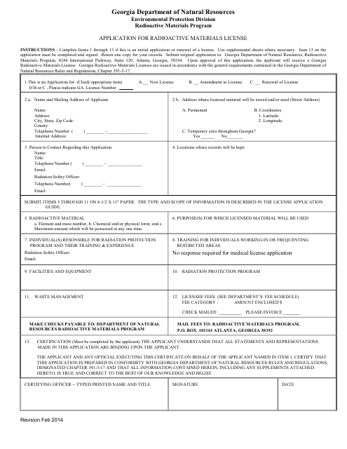 Application for Radioactive Materials License - Georgia (United States)