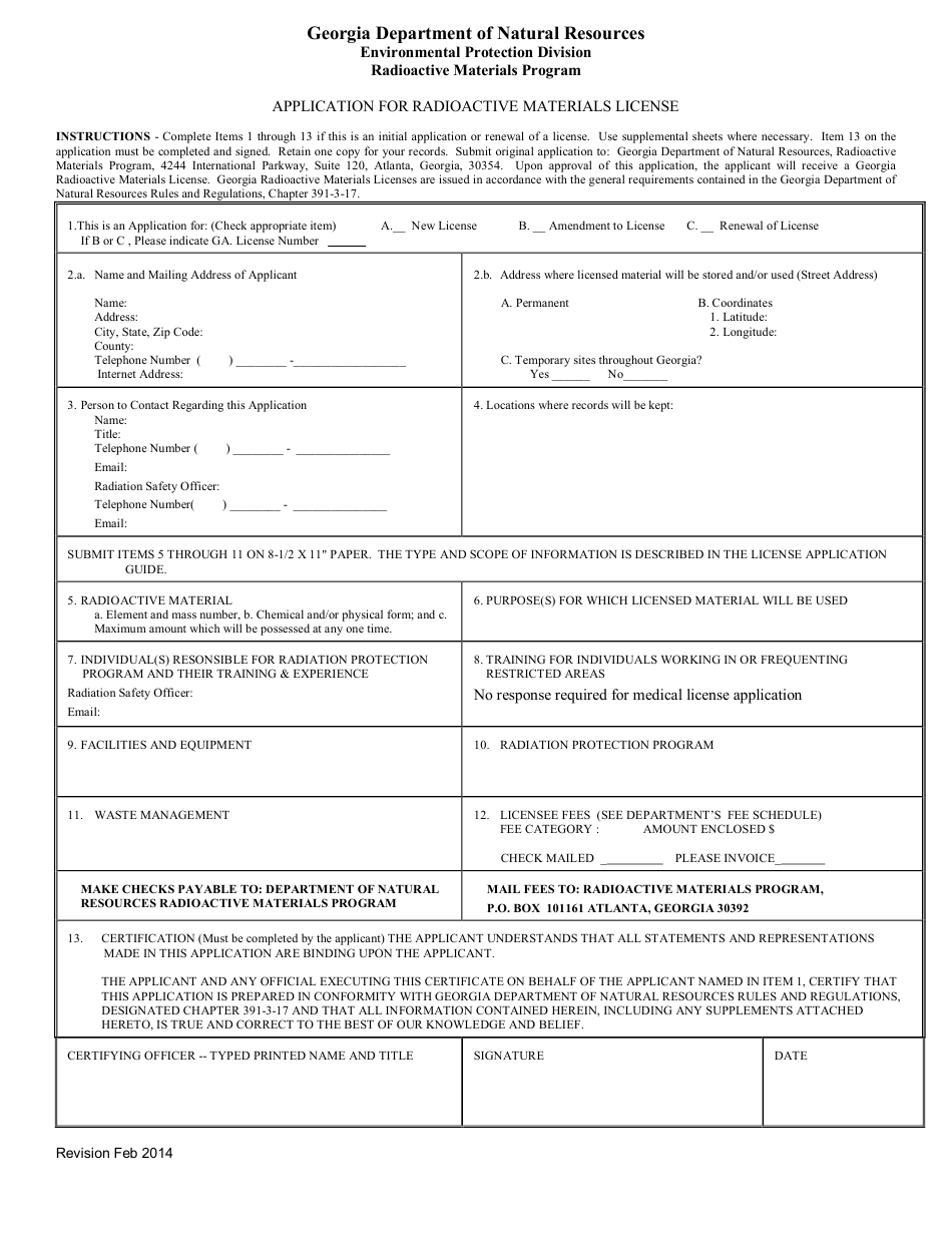 Application for Radioactive Materials License - Georgia (United States), Page 1
