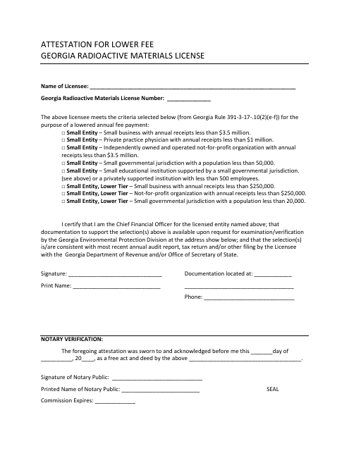 Attestation for Lower Fee - Georgia Radioactive Materials License Form - Georgia (United States) Download Pdf