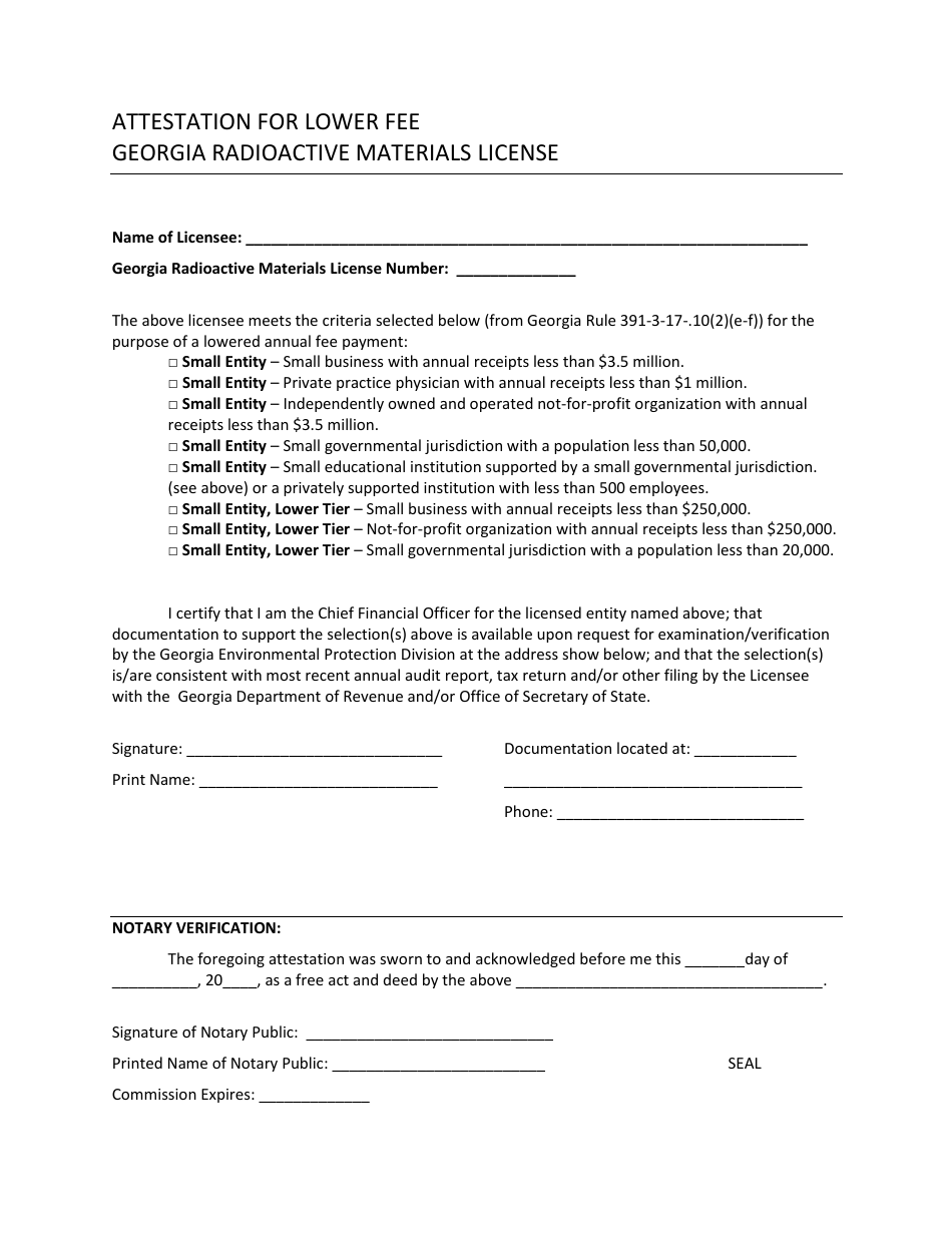 Attestation for Lower Fee - Georgia Radioactive Materials License Form - Georgia (United States), Page 1