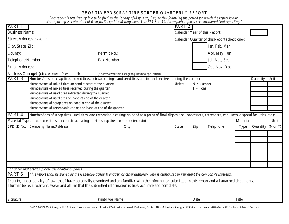 Georgia Epd Scrap Tire Sorter Quarterly Report Form - Georgia (United States), Page 1