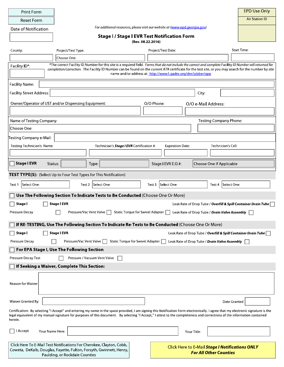 Stage I / Stage I Evr Test Notification Form - Georgia (United States), Page 1