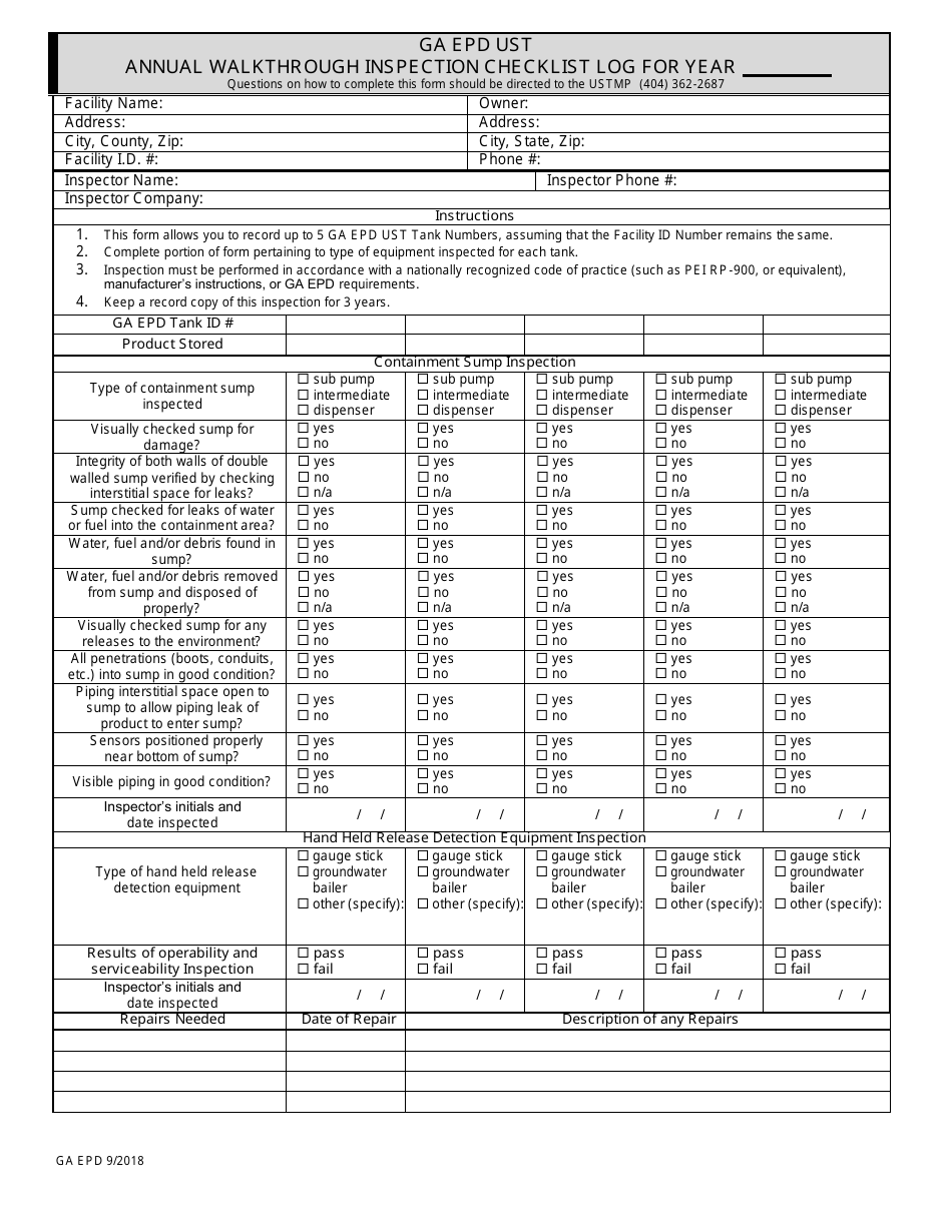 Annual Walkthrough Inspection Checklist Log - Georgia (United States), Page 1