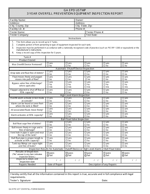 3 Year Overfill Prevention Equipment Inspection Report Form - Georgia (United States) Download Pdf