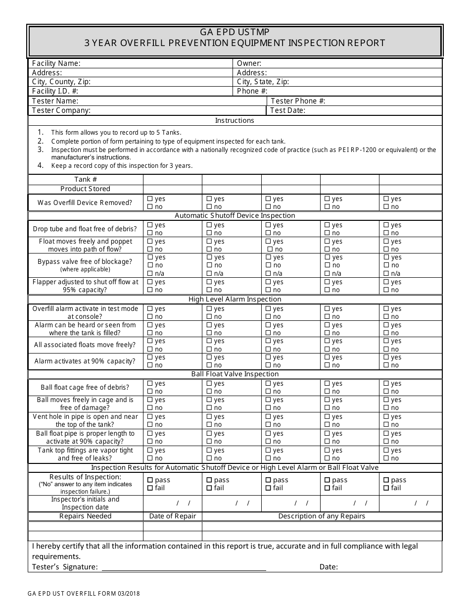 3 Year Overfill Prevention Equipment Inspection Report Form - Georgia (United States), Page 1