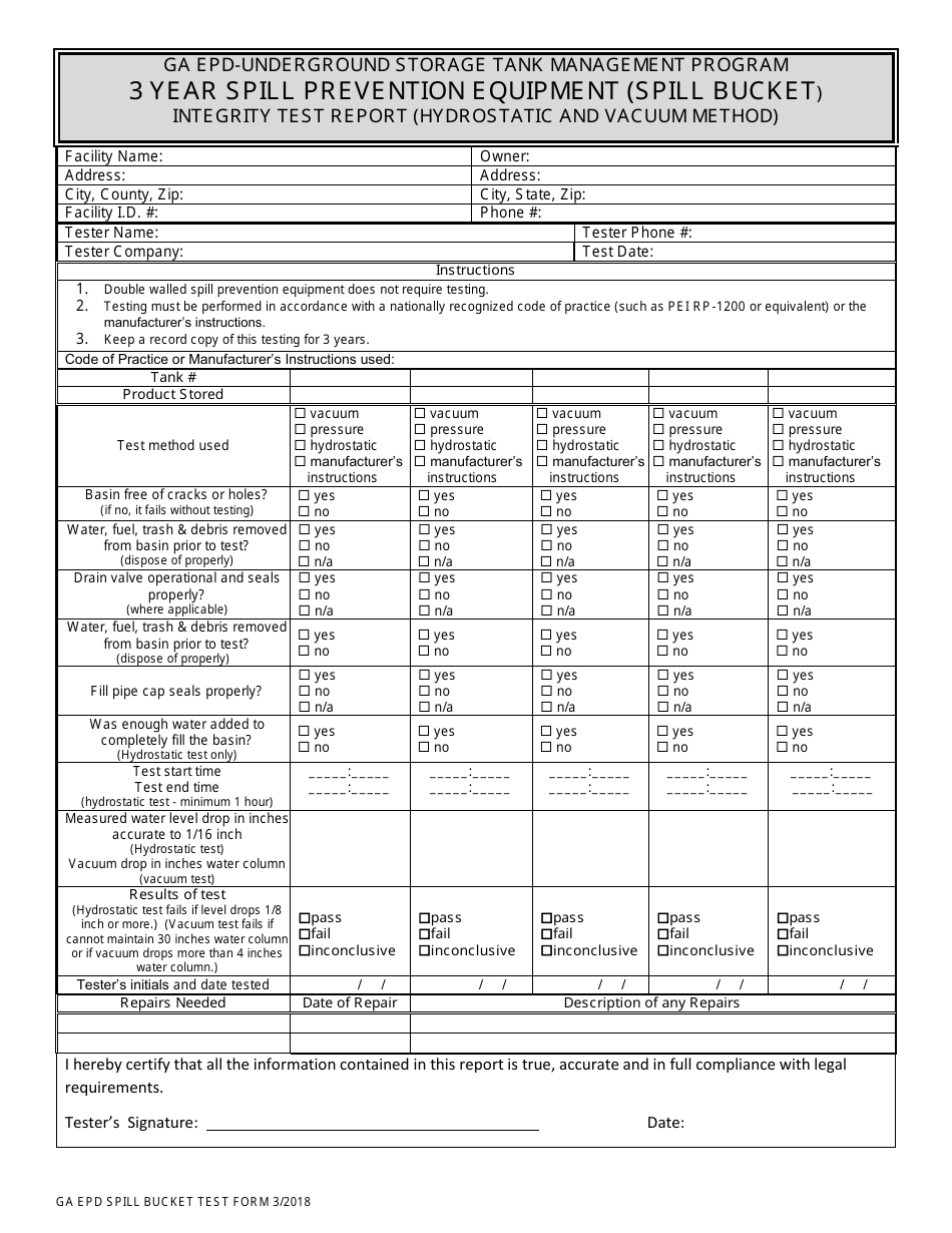 3 Year Spill Prevention Equipment (Spill Bucket) - Integrity Test Report Form (Hydrostatic and Vacuum Method) - Georgia (United States), Page 1