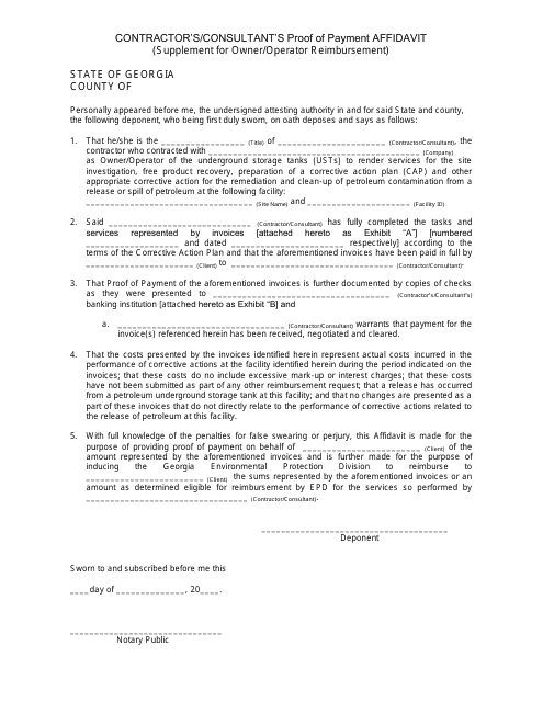 Contractor's / Consultant's Proof of Payment Affidavit (Supplement for Owner / Operator Reimbursement) - Georgia (United States) Download Pdf