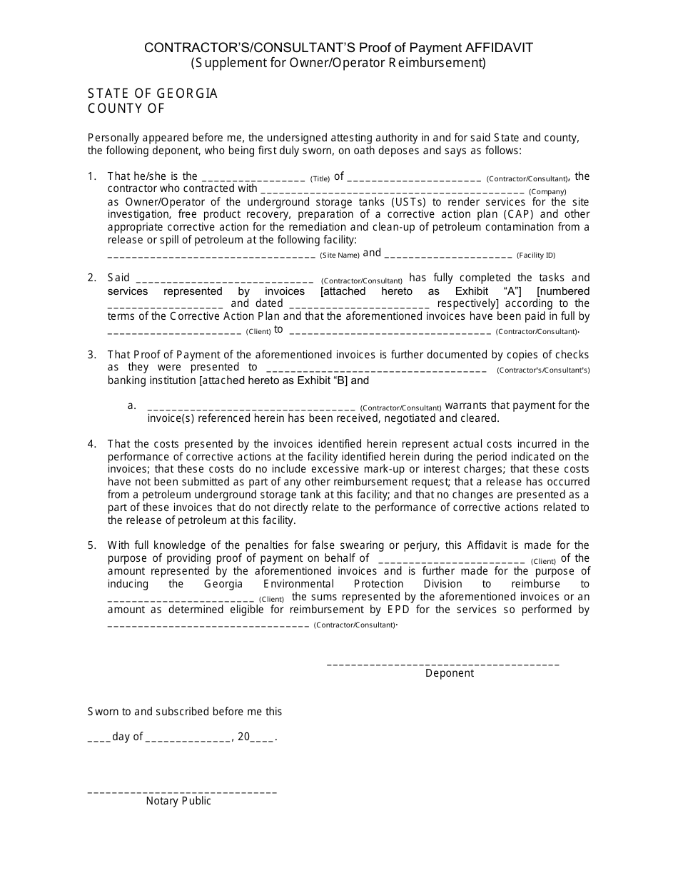 Contractors / Consultants Proof of Payment Affidavit (Supplement for Owner / Operator Reimbursement) - Georgia (United States), Page 1