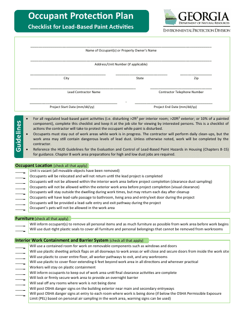 Occupant Protection Plan Checklist for Lead-Based Paint Activities - Georgia (United States) Download Pdf