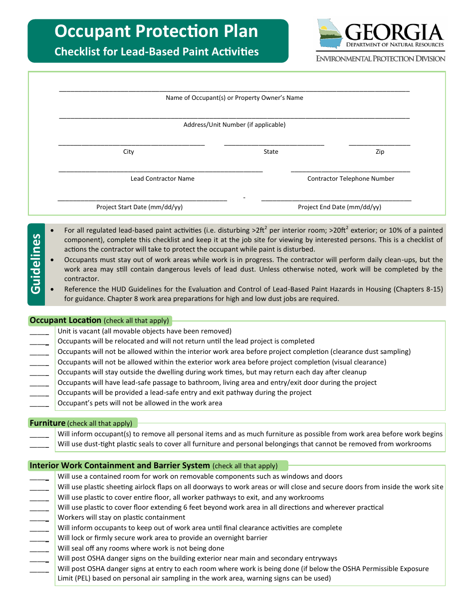(United States) Occupant Protection Plan Checklist for Lead