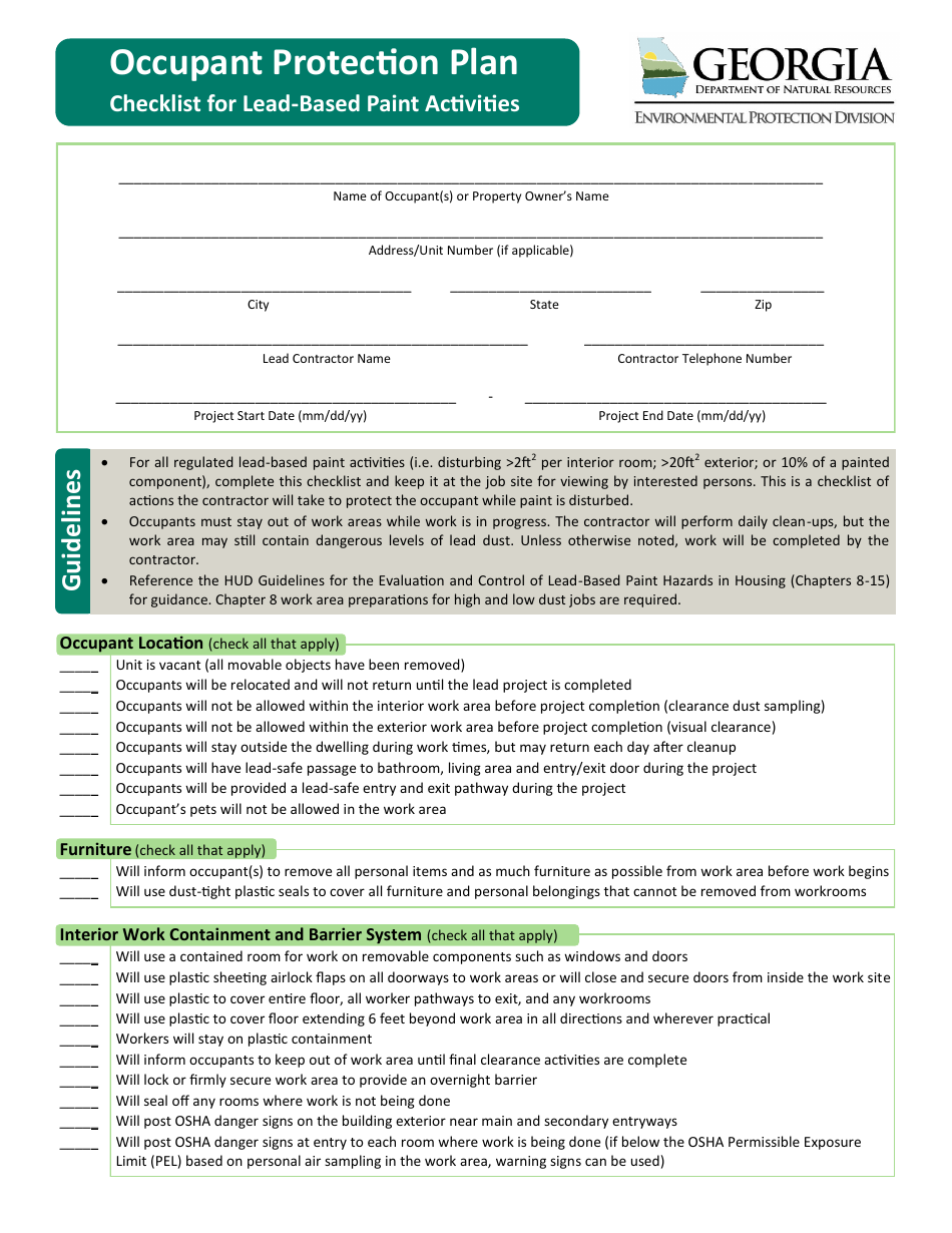 Occupant Protection Plan Checklist for Lead-Based Paint Activities - Georgia (United States), Page 1