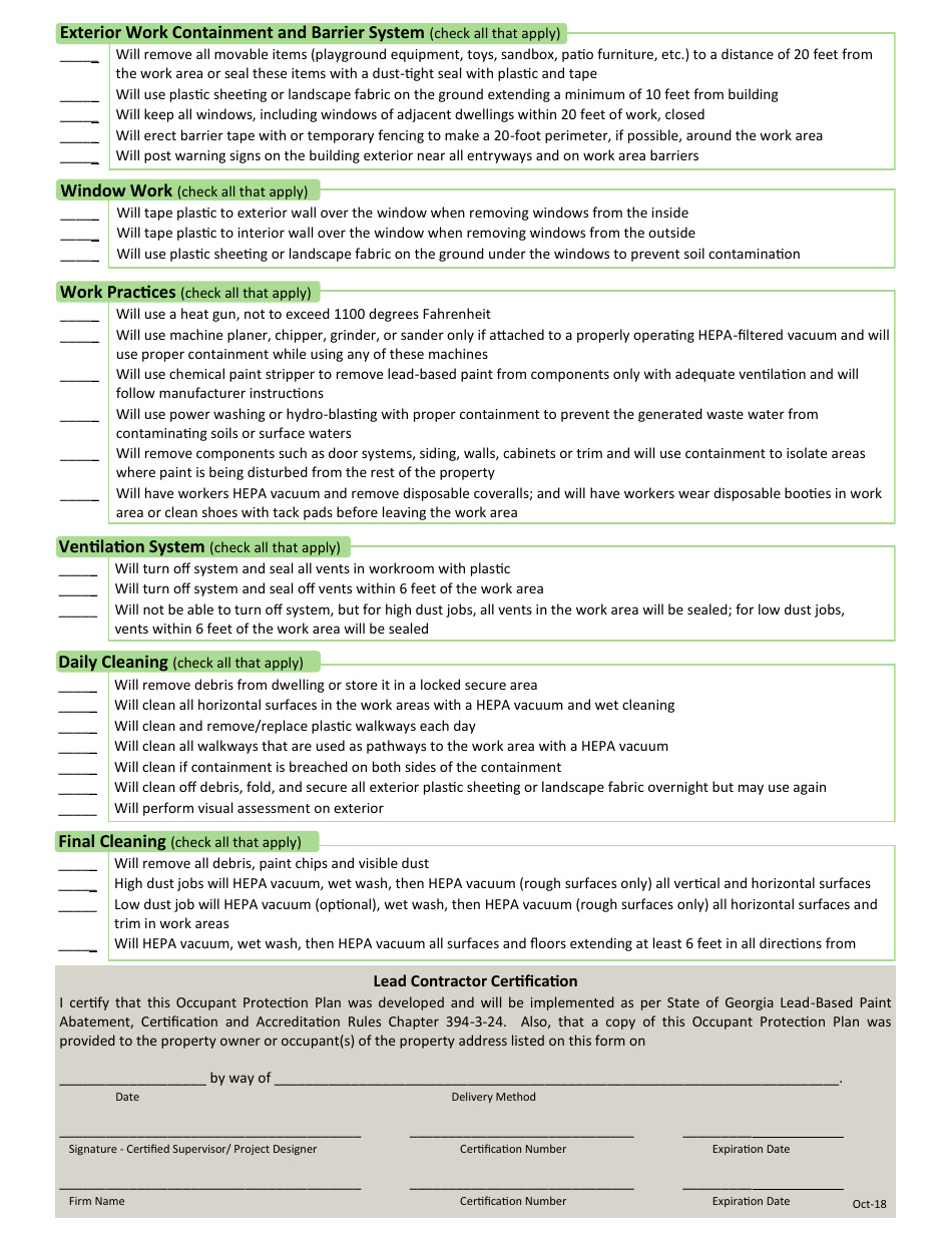 Occupant Protection Plan Checklist for Lead-Based Paint Activities - Georgia (United States), Page 2