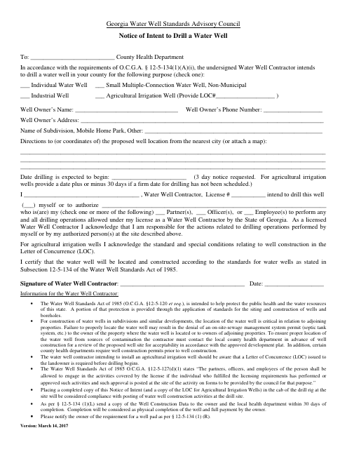 Notice of Intent to Drill a Water Well - Georgia (United States) Download Pdf