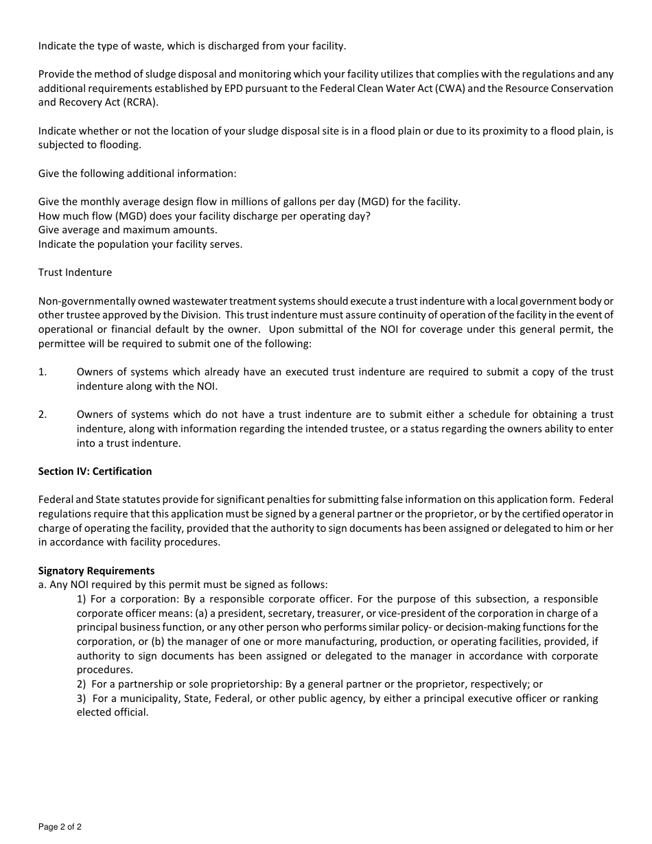 Instructions for Notice of Intent (Noi) Form for Discharges of Treated Wastewater Associated With Private and Institutional Development Water Pollution Control Plant Activities - Georgia (United States), Page 2