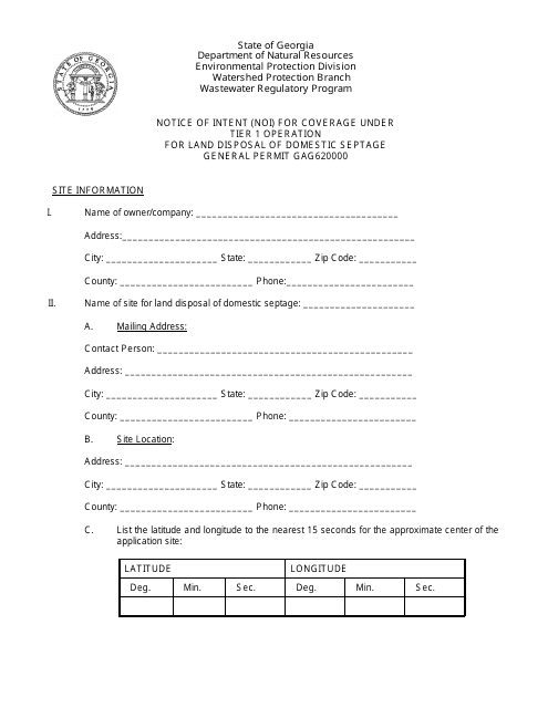 Notice of Intent (Noi) Form for Coverage Under Tier 1 Operation for Land Disposal of Domestic Septage - Georgia (United States) Download Pdf