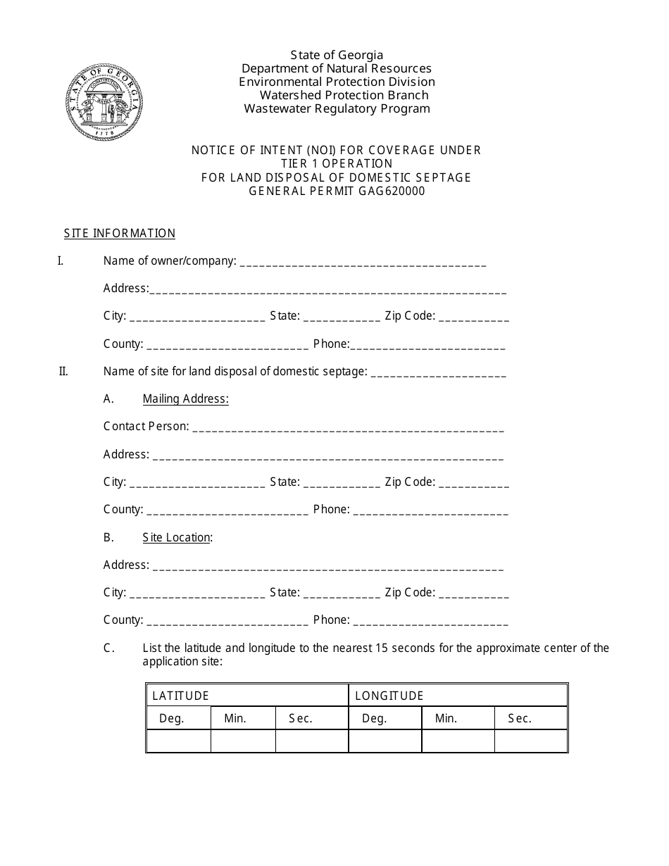 Notice of Intent (Noi) Form for Coverage Under Tier 1 Operation for Land Disposal of Domestic Septage - Georgia (United States), Page 1