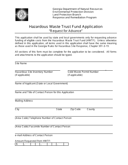Hazardous Waste Trust Fund Application - Request for Advance - Georgia (United States) Download Pdf