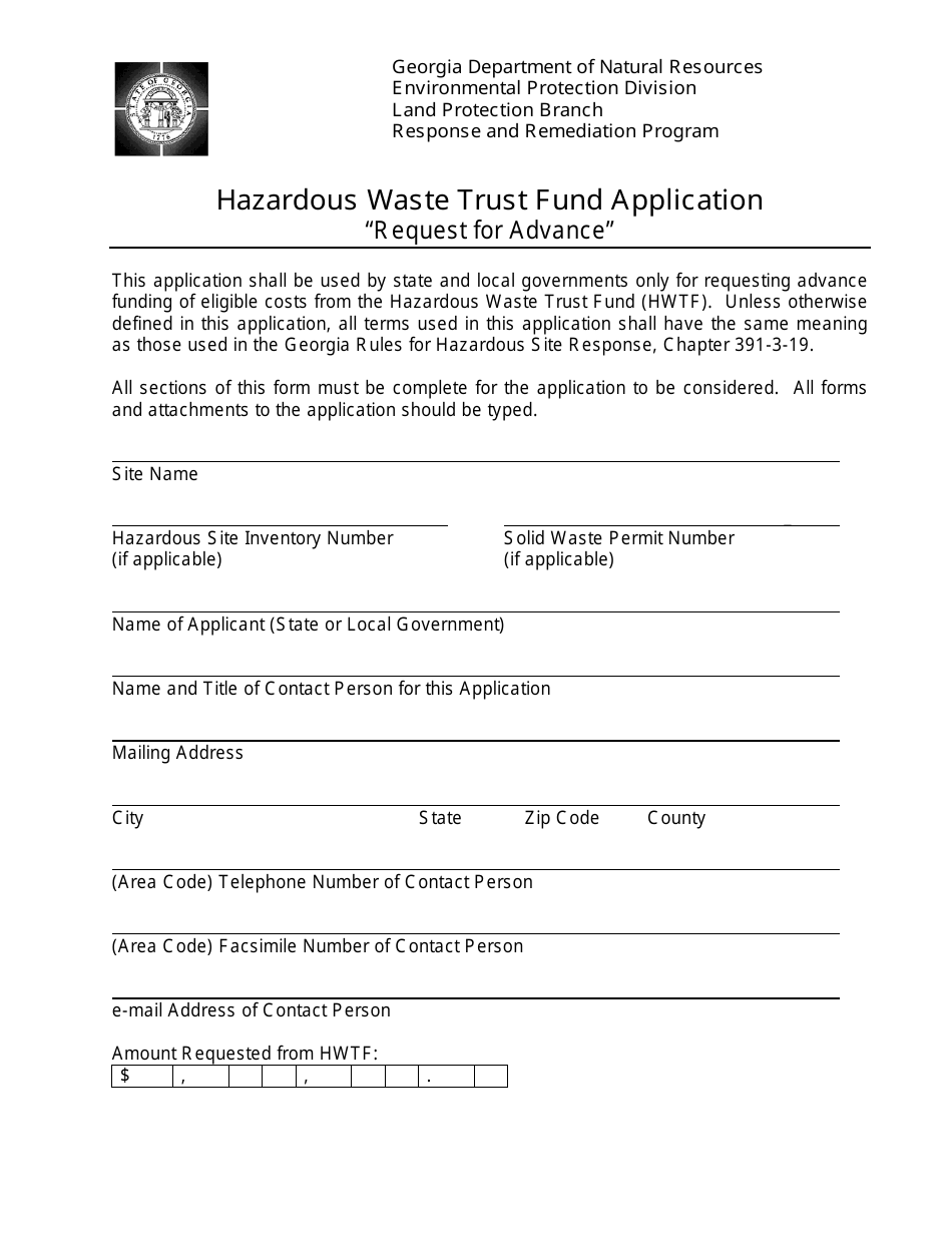 Hazardous Waste Trust Fund Application - Request for Advance - Georgia (United States), Page 1
