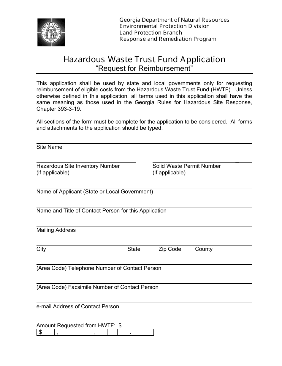 Hazardous Waste Trust Fund Application - Request for Reimbursement - Georgia (United States), Page 1