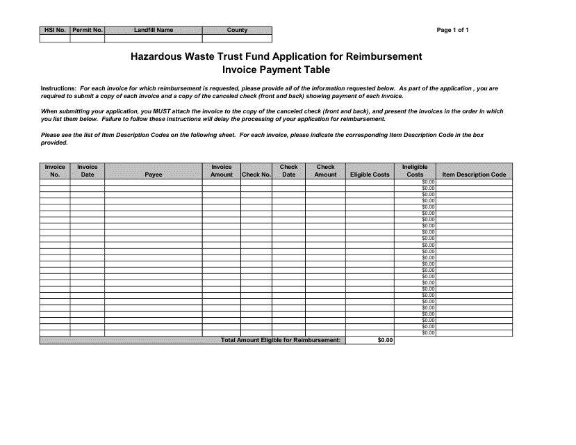 Hazardous Waste Trust Fund Application for Reimbursement - Invoice Payment Table - Georgia (United States) Download Pdf