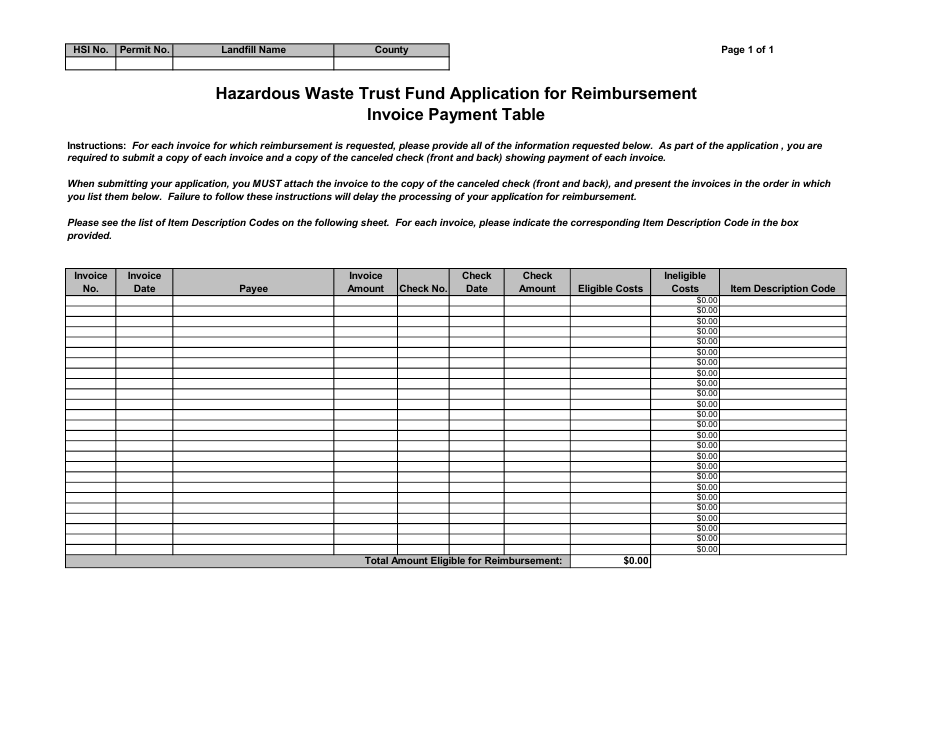 Hazardous Waste Trust Fund Application for Reimbursement - Invoice Payment Table - Georgia (United States), Page 1