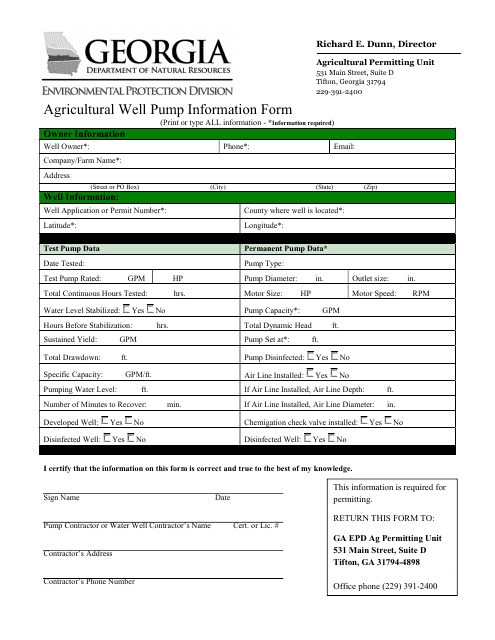 Agricultural Well Pump Information Form - Georgia (United States) Download Pdf