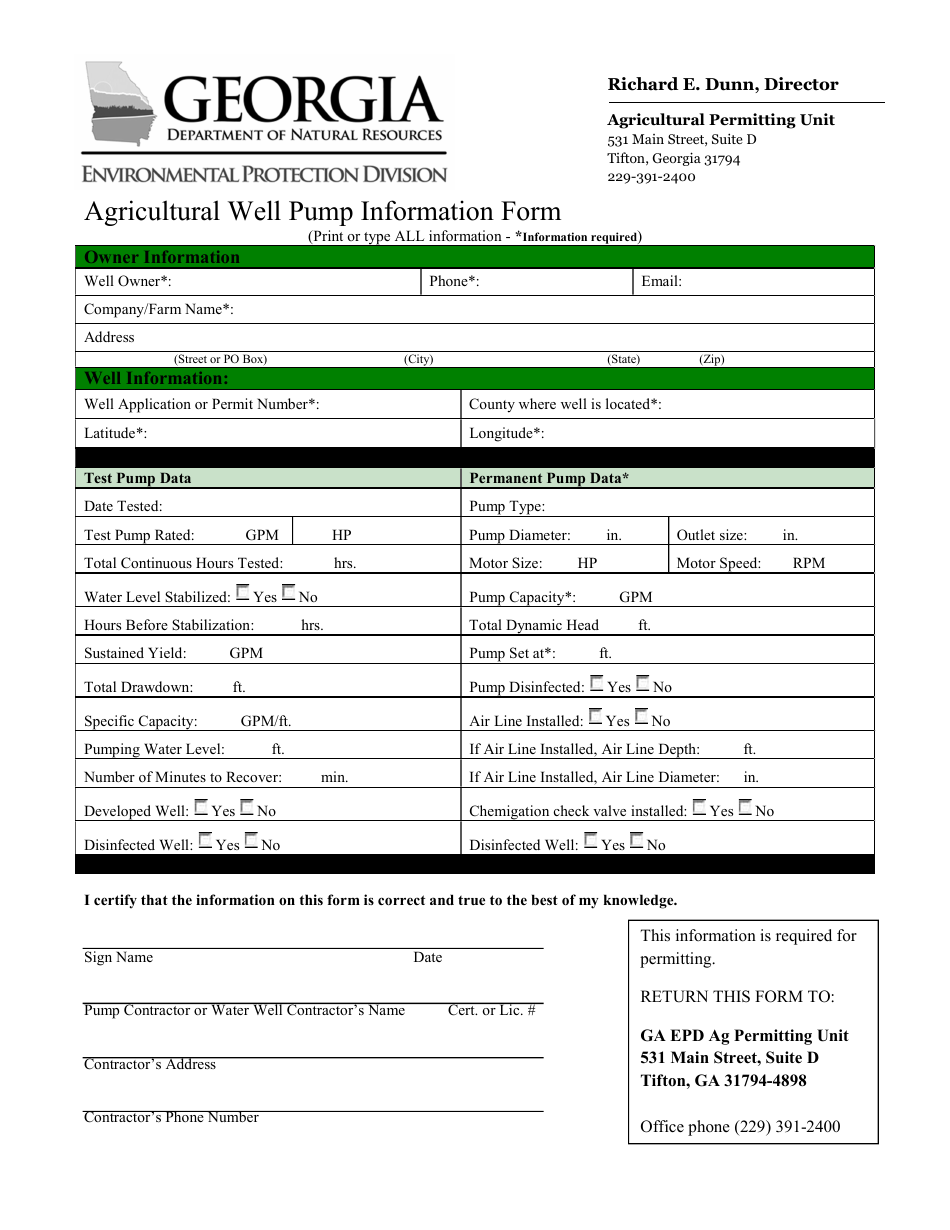Agricultural Well Pump Information Form - Georgia (United States), Page 1