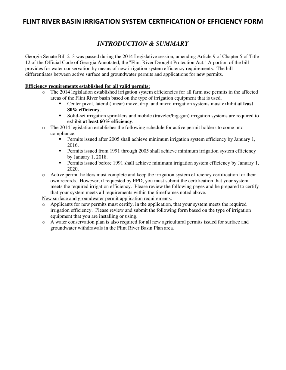 Flint River Basin Irrigation System Certification of Efficiency Form - Georgia (United States), Page 1