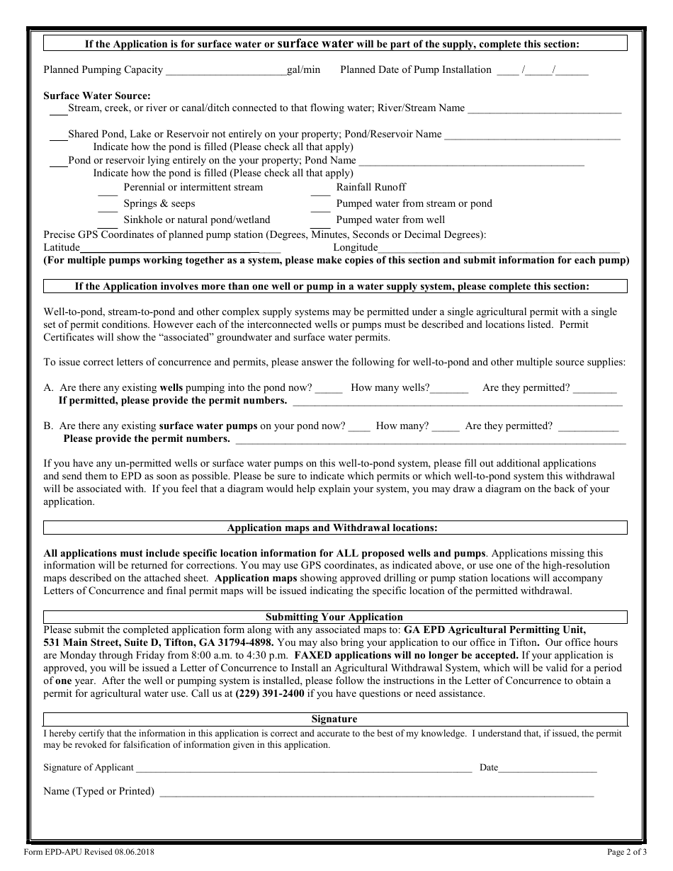 Form EPD-APU Application for a Letter of Concurrence to Install an Agricultural Water Withdrawal System - Georgia (United States), Page 2